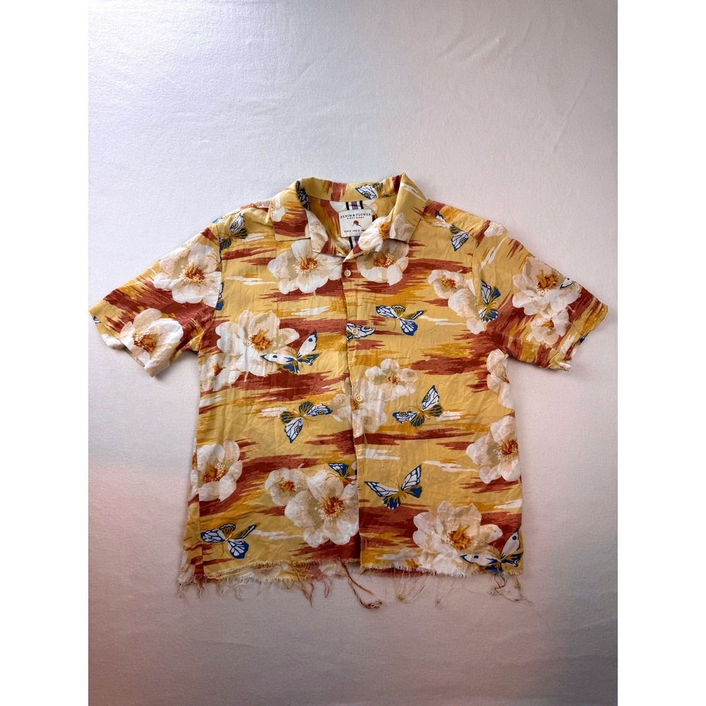 Denim & Flower Ricky Singh Floral Butterfly Camp Shirt Men's Small Yellow